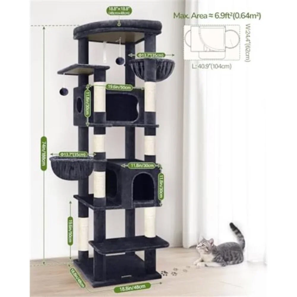 Heavy Duty Cat Tree Sturdy Cat Tower, Dark Gray, 74